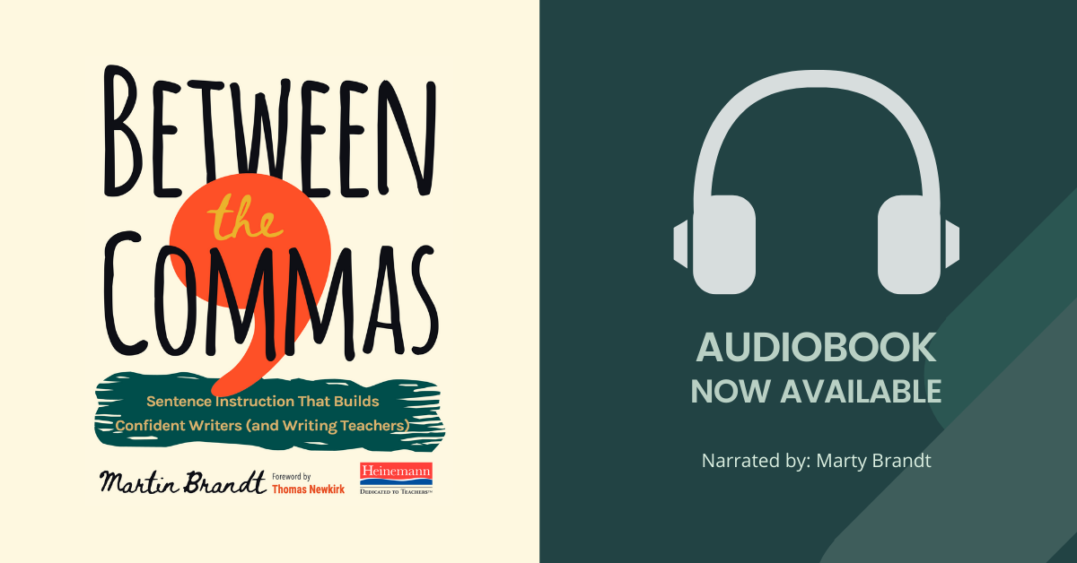 Between The Commas Book Cover with Headphones and text: Audiobook Now Available. Narrated by Marty Brandt.