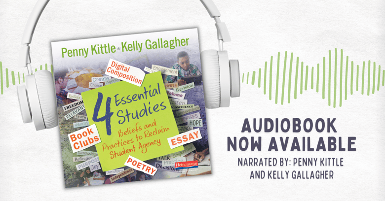 4 Essential Studies Book Cover with Headphones. Audiobook Now Available. Narrated by Penny Kittle and Kelly Gallagher