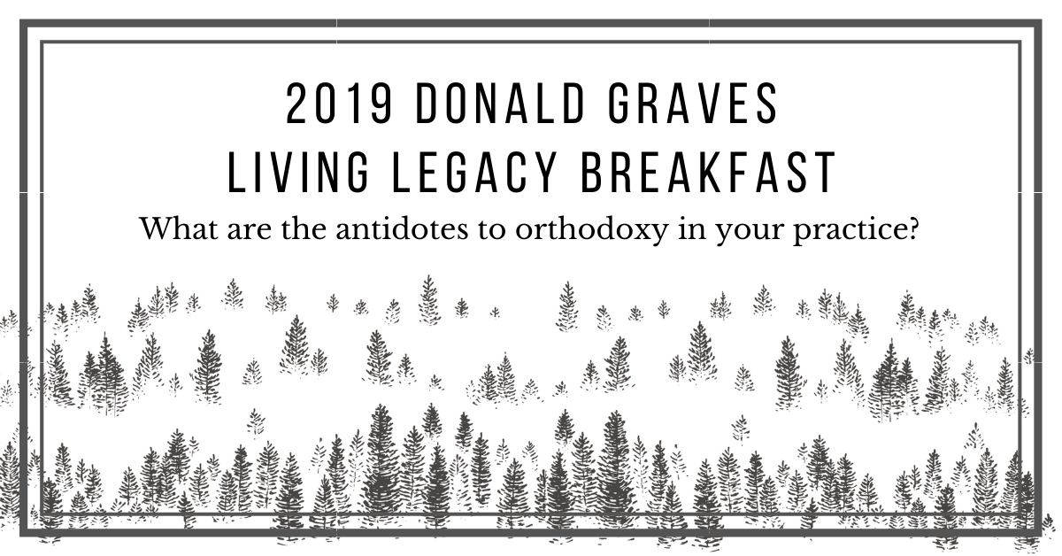 black and white sketched trees at the bottom of a white rectangle. At the top in black type: 2019 Donald Graves Living Legacy Breakfast 