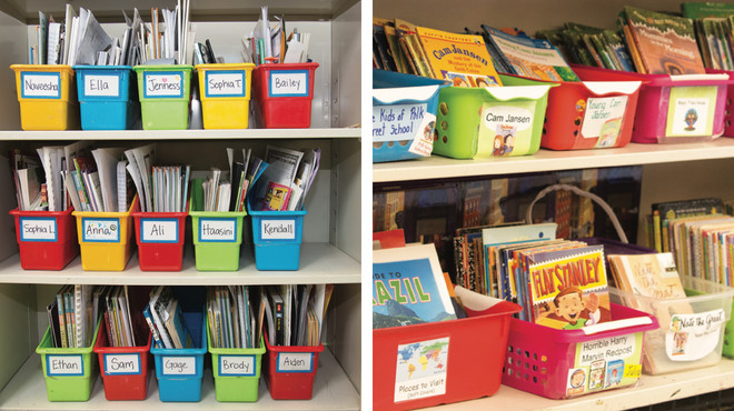 brightly colored labeled bins filled with books