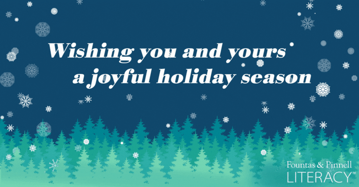 "Wishing you and yours a joyful holiday season" Animated graphic of trees, sky, and falling snow
