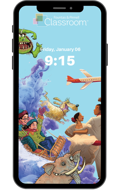 FPL Wallpaper with FPC guided and shared reading book characters on a smartphone