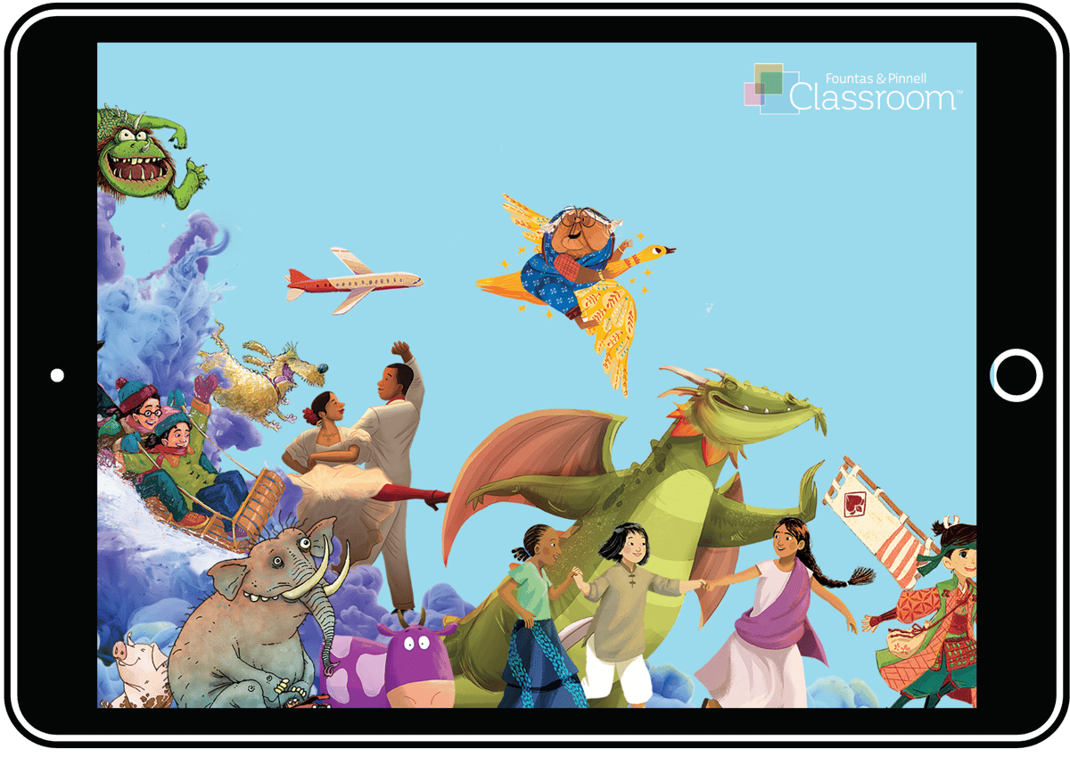 FPL Wallpaper with FPC guided and shared reading book characters on a tablet