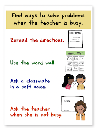 Mock anchor chart "Find ways to solve problems when the teacher is busy" featuring written examples on the left with illustrations on the right.