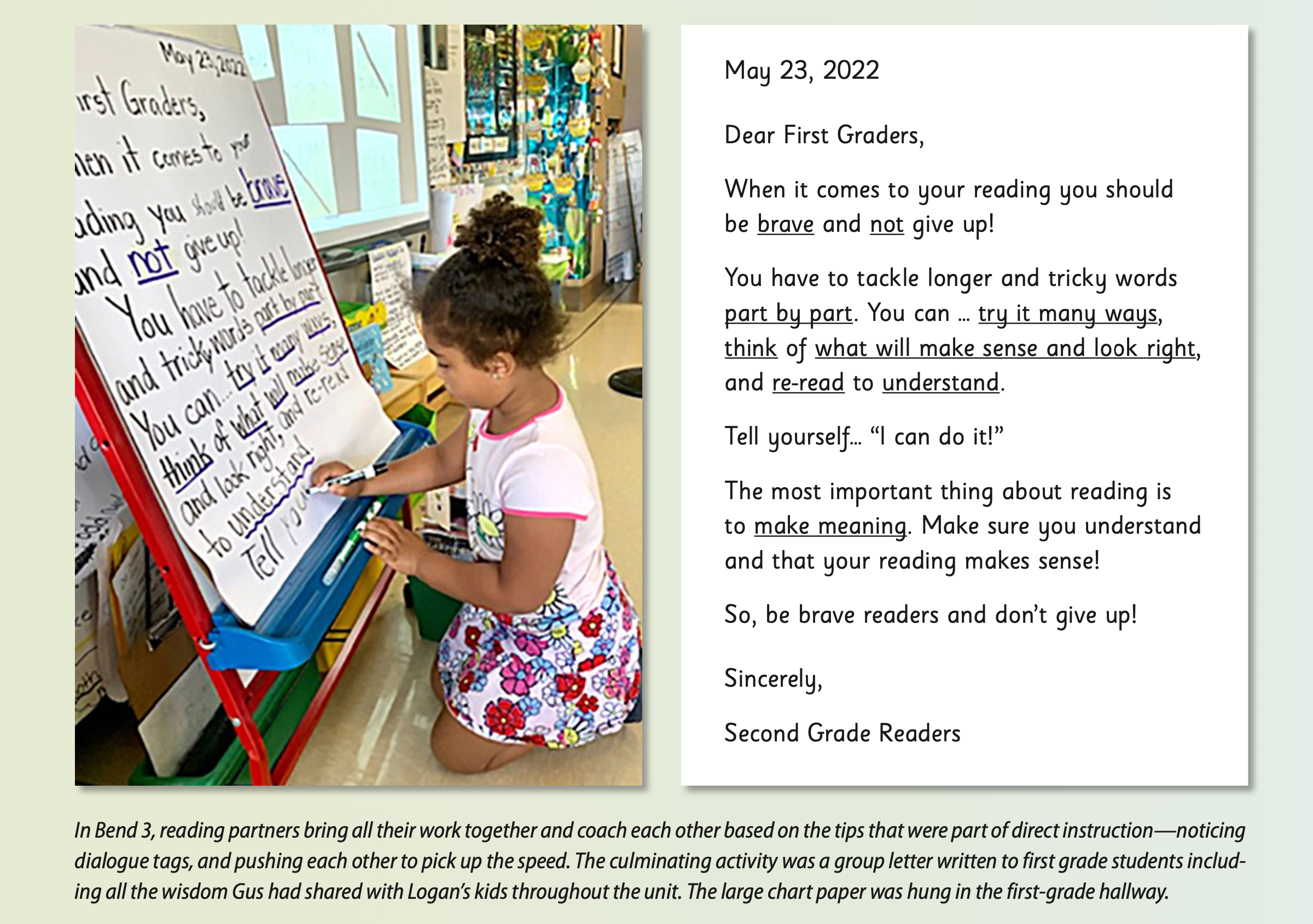 Heinemann Units of Study Bend 3 Photo of young student writing and letter from second graders