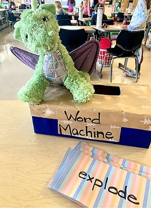 Heinemann Units of Study Photo of Stuffed Green Dragon on box with the words word machine and a card with the word explode