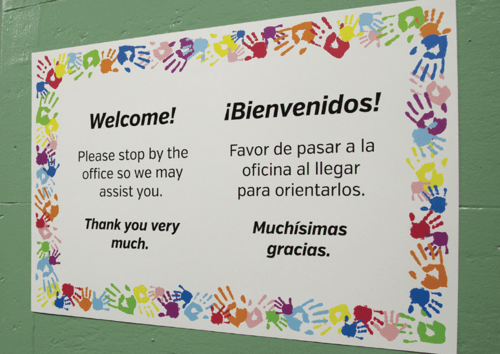 Leading for Literacy Blog Element Classroom sign "Welcome! Bienvenidos!"