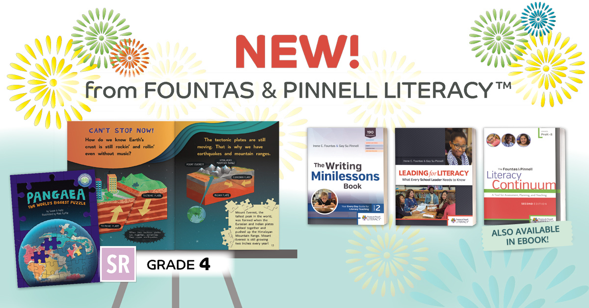 Graphic with book covers and text: New from Fountas and Pinnell Literacy