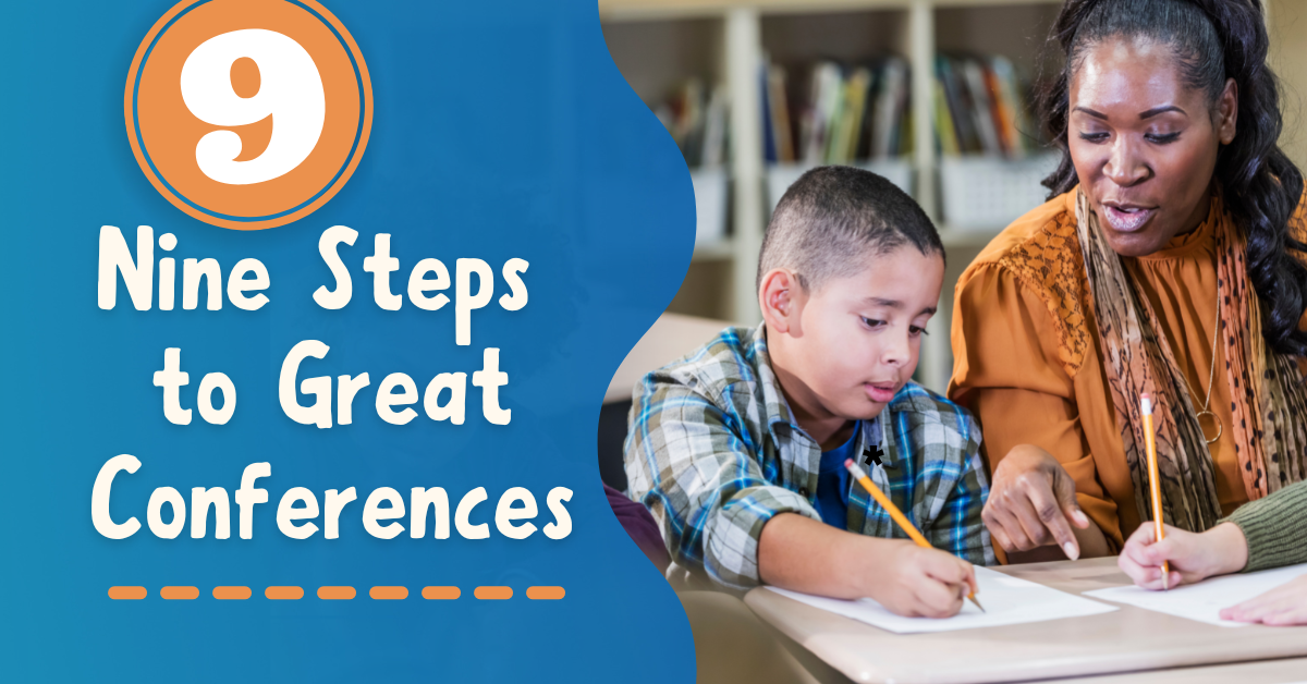 Nine Steps to Great Conferences Teacher talking with student as they are writing with a pencil at a desk