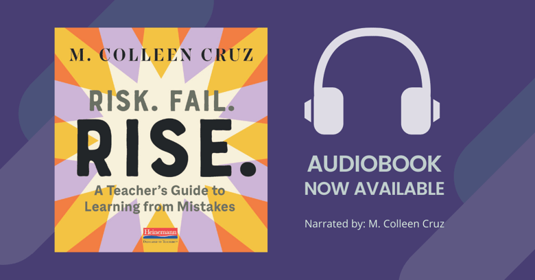 Book Cover of Risk Fail Rise. Headphone graphic with words Audiobook Now Available. Narrated by M. Colleen Cruz