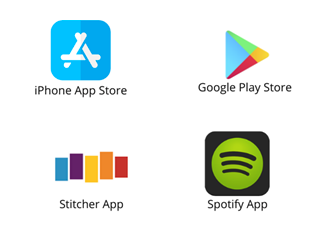 icons of Ios App store, Google Play Store, Stitcher App, and Spotify App