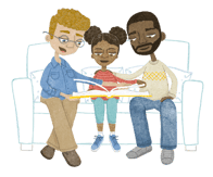 Watercolor illustration of  Family Reading on Couch