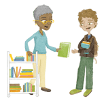 Watercolor illustration of  Librarian handing a book to a student