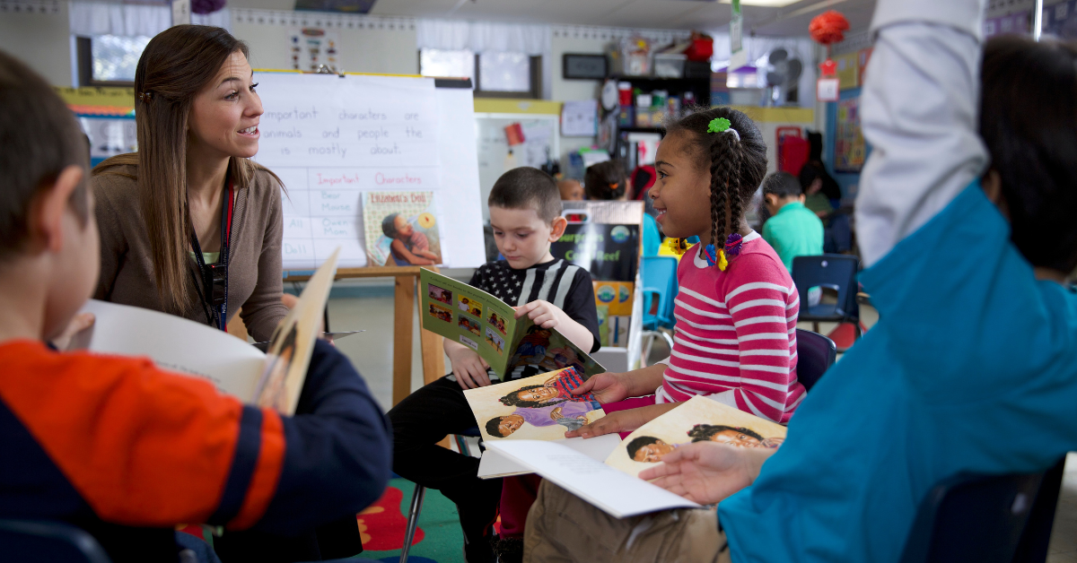 What are Book Groups Blog Header Photo of Teacher talking about books with students in a classroom