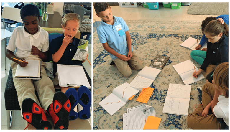 Photos of children doing homework with their feed up and on the carpet