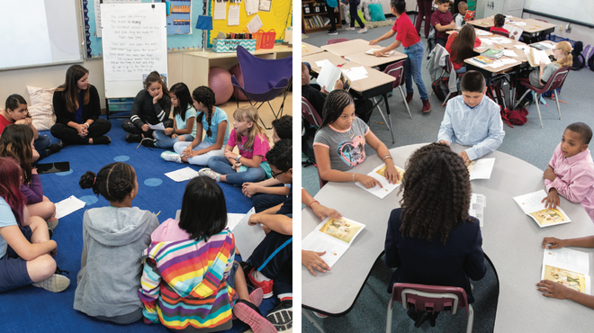 2 photos of students in a classroom seated in circles